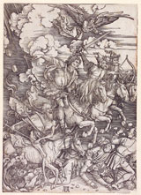Albrecht Dürer Die apokalyptischen Reiter Apokalypse, III. Figur 1498 Urausgabe, lateinisch Holzschnitt ©Hessisches Landesmuseum Darmstadt, Foto: Wolfgang Fuhrmannek