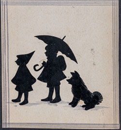 Therese Prestel: „Zwei Kinder und ein Hund im Regen“, Scherenschnitt und blaue Tinte, 97x88 mm, GDKE, Landesmuseum Mainz, Inv. 0/2554