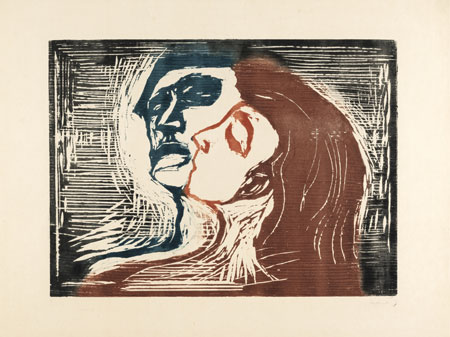Edvard Munch: „Kopf bei Kopf“ (Mann und Weib sich küssend), 1905 Farbholzschnitt Wilhelm-Hack-Museum, Ludwigshafen