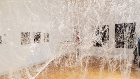 Impression der Ausstellung "Plasma" hier: Raumausfüllende Heißkleber-Installation als Metapher neuronaler Netzwerke und ihrer Plastizität und Grenzen ihrer Veränderbarkeit.  Interessante Blicke ergeben sich durch die künstlichen Gewebe auf die Werke an den Wänden. © Foto Diether von Goddenthow
